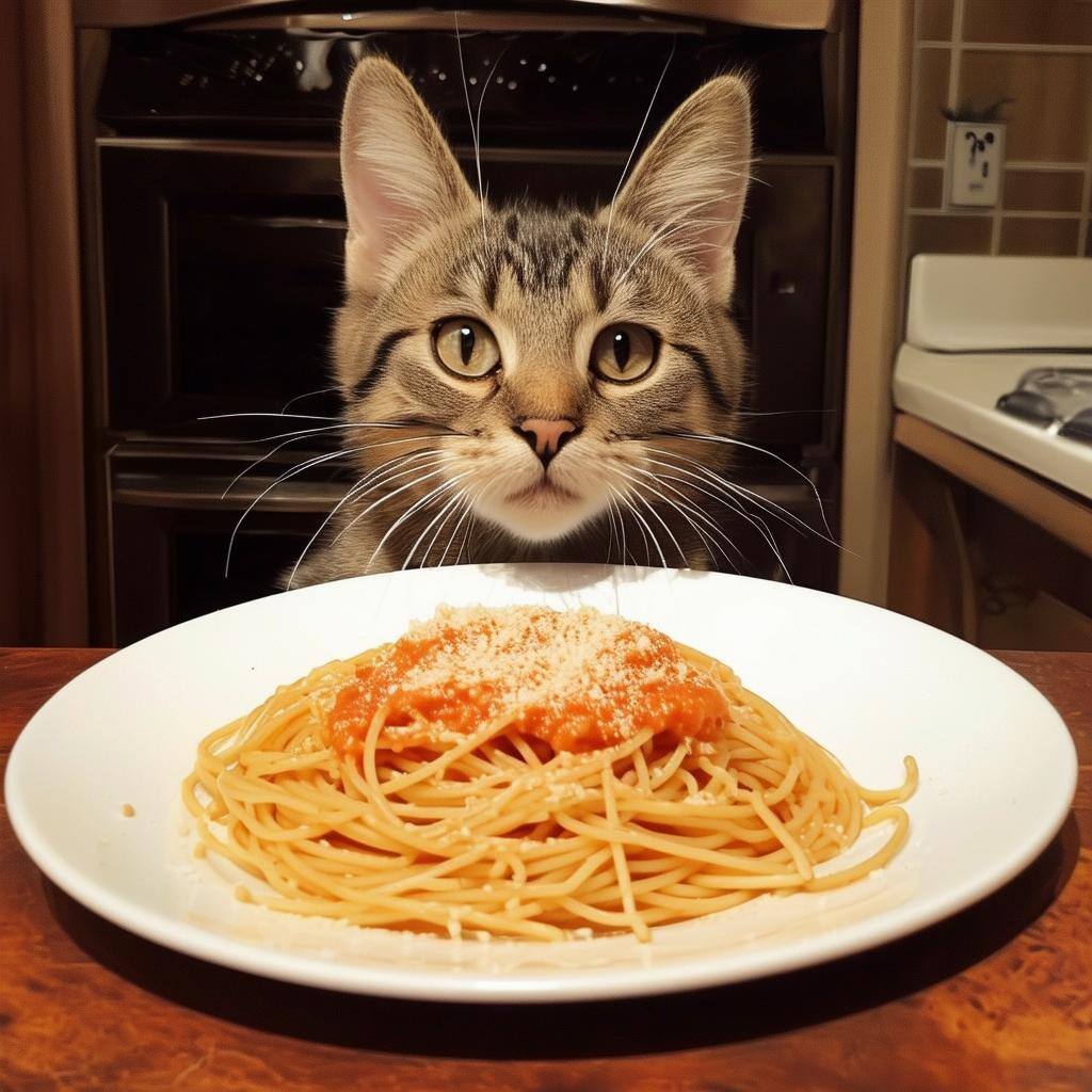 I need a cat holding a plate of spaghetti